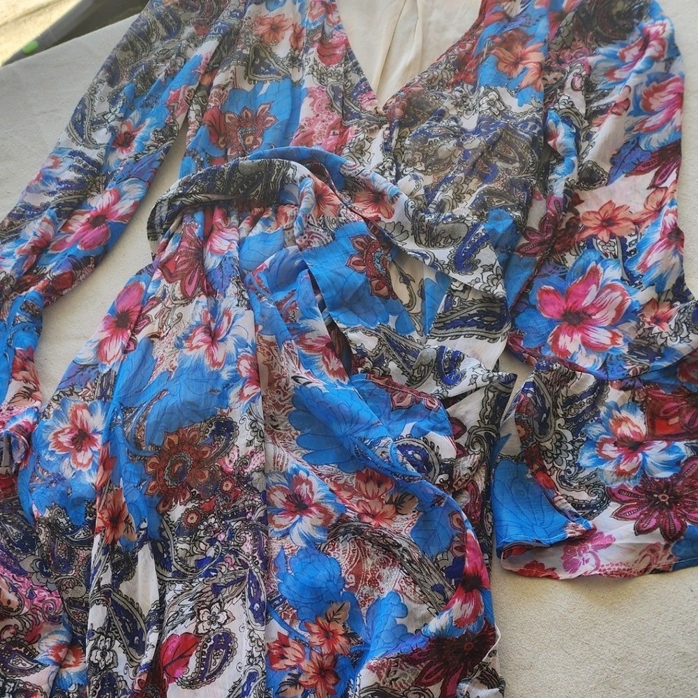 Vibrant Blue & Pink Floral Paisley Long Sleeve Maxi Dress Boho summer festival